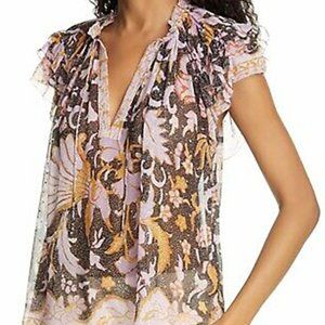 Ulla Johnson Alexi Floral Metallic Ruffle Blouse